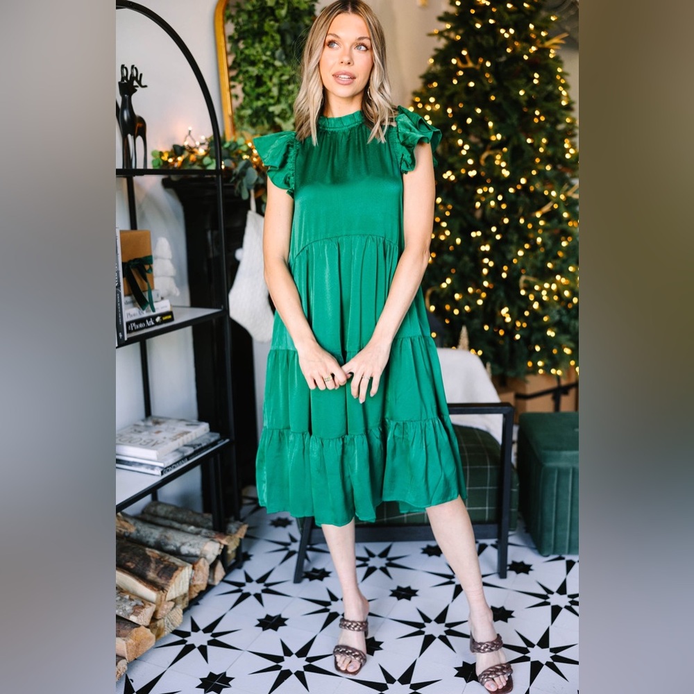 Pinch Tiered Midi Deep Emerald Dress, Size L